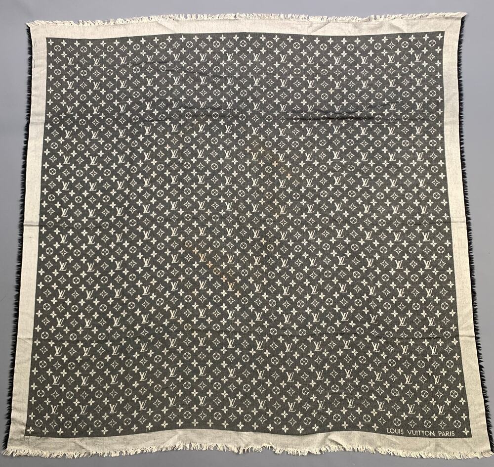 LOUIS VUITTON Silver Black Logo Silk Wool Scarf